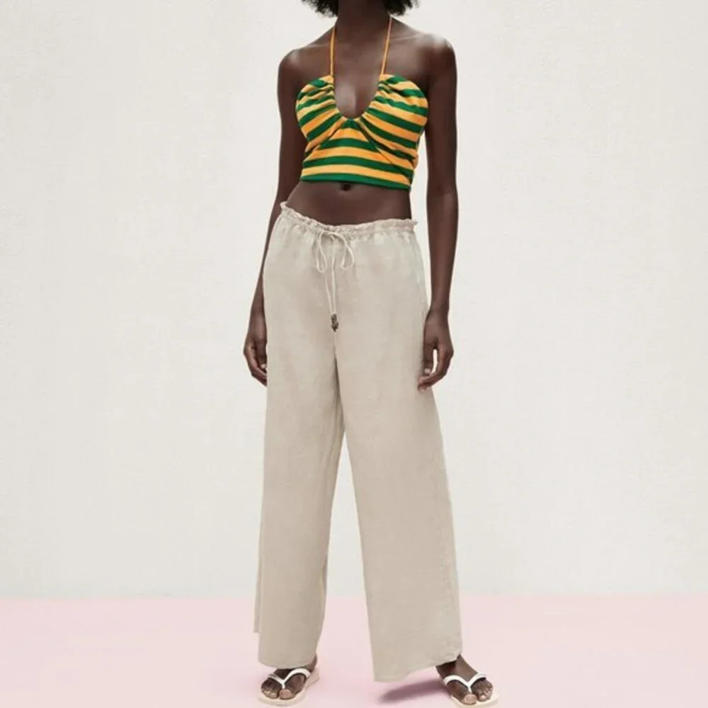 Natural Tan Zara Linen Wide Leg Drawstring Elastic Waist Pants (NWT)